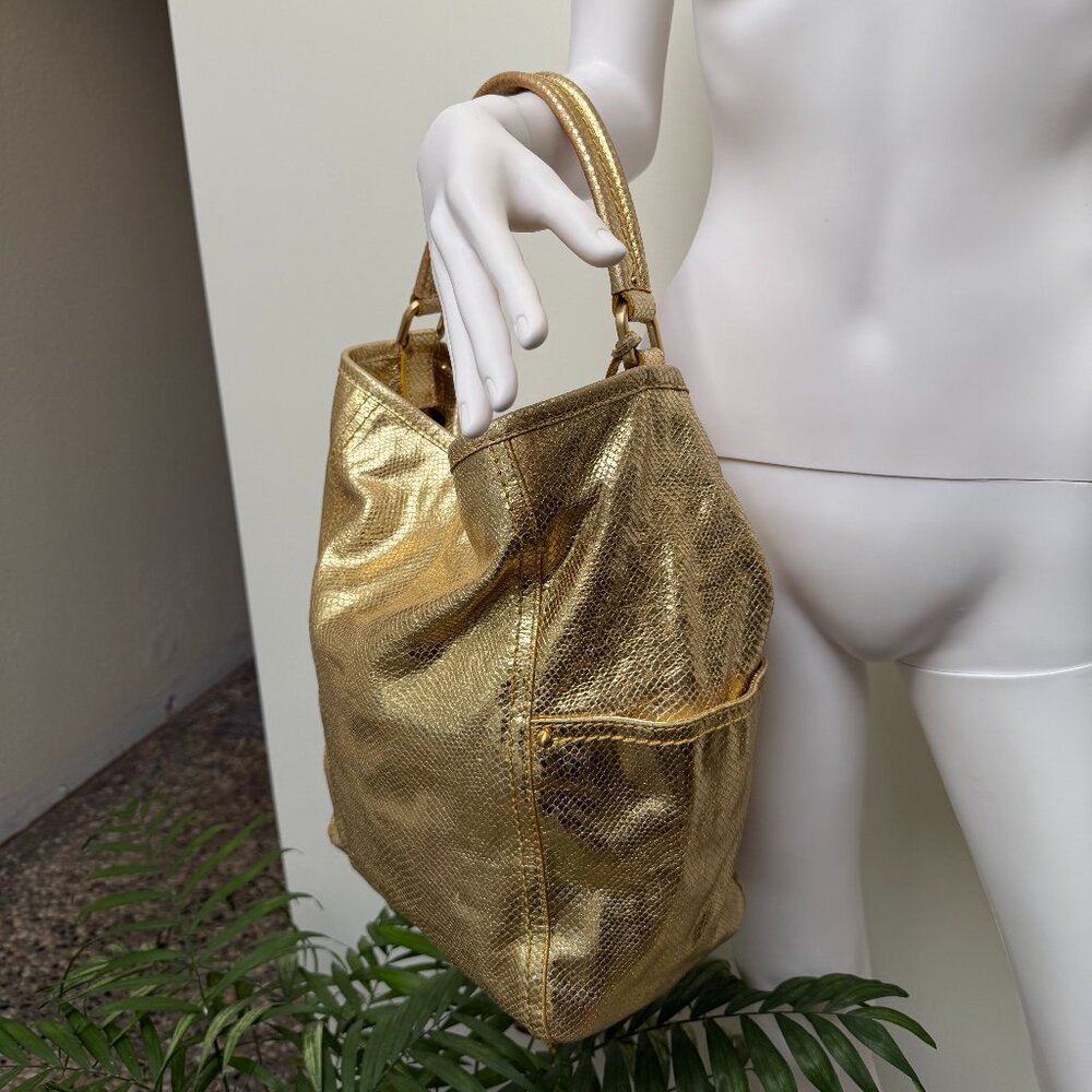 COLE HAAN North South Platino Gold Snakeskin Leather Tote Hobo